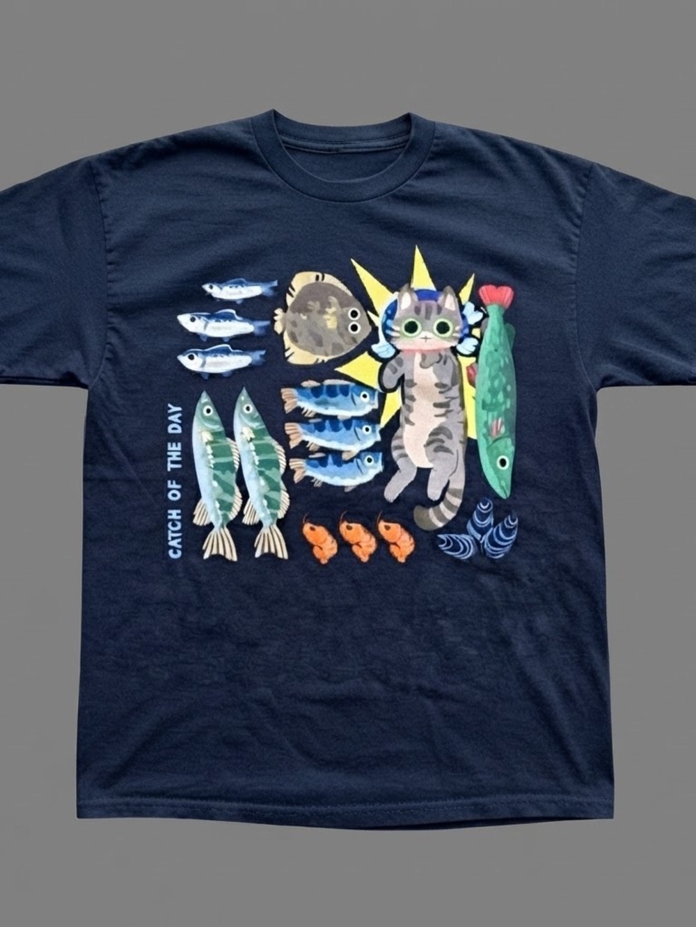 Gildan Navy Cat & Fish Graphic Short Sleeve Tee